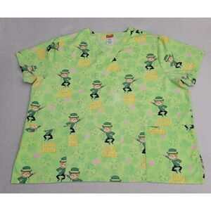 Lucky Charms Womens V Neck Scrub Top 2X Light Green Leprechaun Clover St Patty's